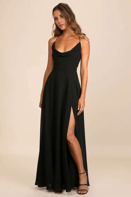 TingPo Wholesale Signature Elegance Romantically Speaking Black Cowl Lace-Up Maxi Dress formal wear dresses